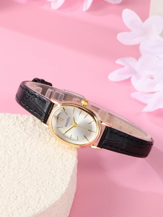 Women\'s Black Gold Analog Quartz Classic Oval Case PU Leather Casual Wrist Watch main image 5